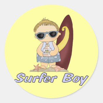 Surfer Boy Classic Round Sticker by MishMoshTees at Zazzle