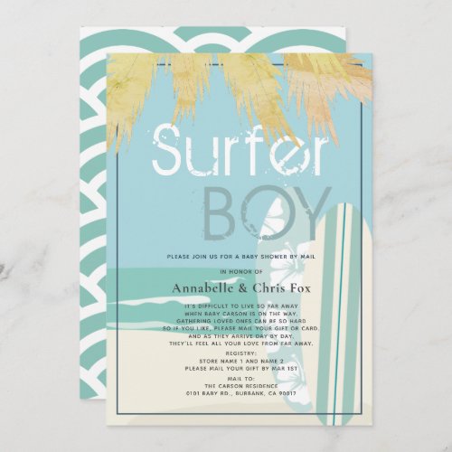 Surfer Boy Surfboards Beach Baby Shower by Mail Invitation