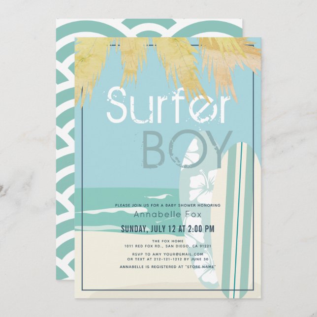 Surfer Boy Surfboards Beach Baby Shower Invitation (Front/Back)