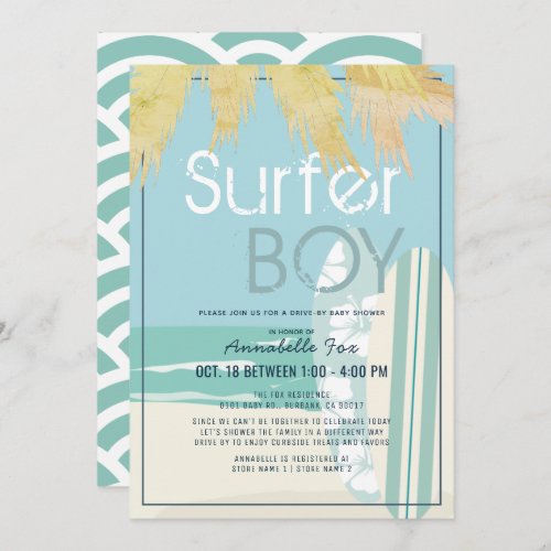 Surfer Boy Surfboards Beach Drive_by  Baby Shower Invitation