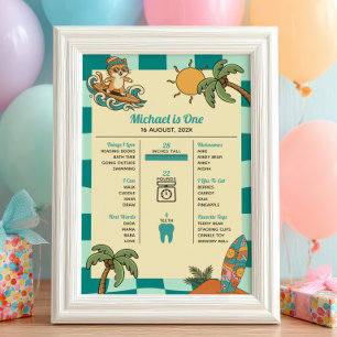 Surfer Cat Summer 1st Birthday Milestone Timeline Poster