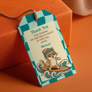 Surfer Cat Summer Beach Birthday Party Thank You Gift Tags