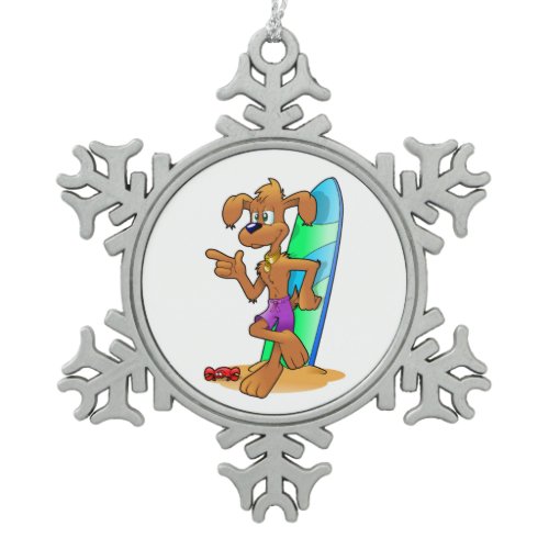 SURFER DOG SNOWFLAKE PEWTER CHRISTMAS ORNAMENT