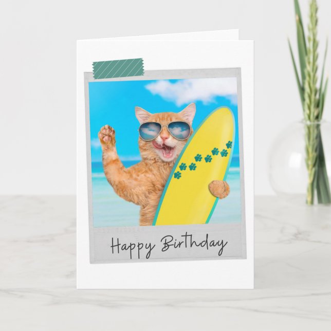 Surfer Ginger Cat Funny Birthday Card (Front)