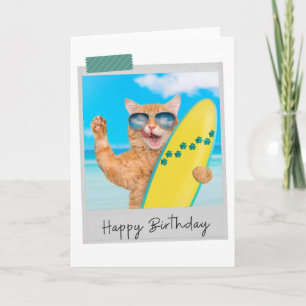 Surfer Ginger Cat Funny Birthday Card
