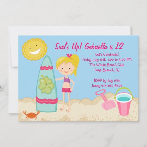 Surfer Girl Beach Party Birthday Invitation