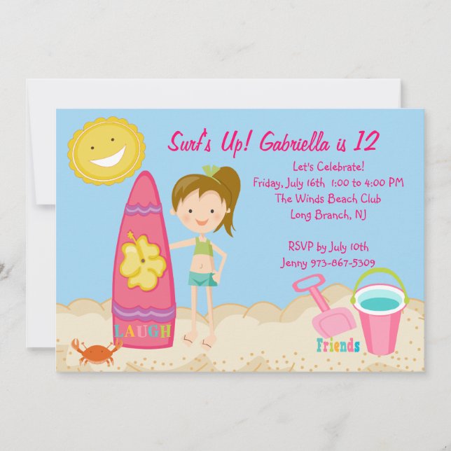 Surfer Girl Beach Party Birthday Invitation (Front)