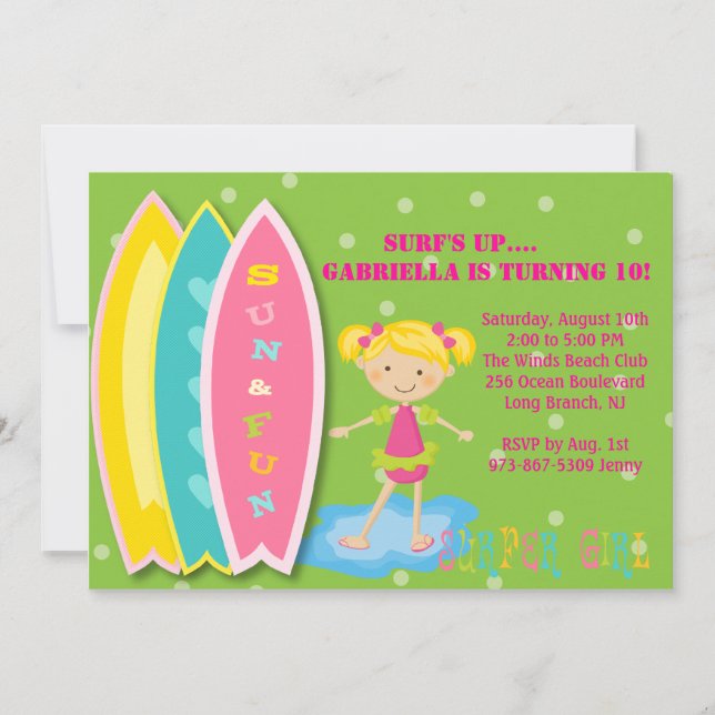 Surfer Girl Beach Party Birthday Invitation (Front)