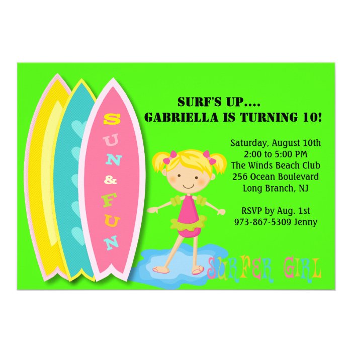 Surfer Girl Beach Party Birthday Invitation