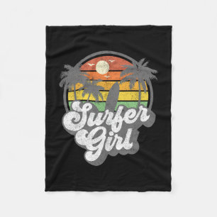 Surfer Girl Beach Retro 70s Vintage Surfing Vacati Fleece Blanket