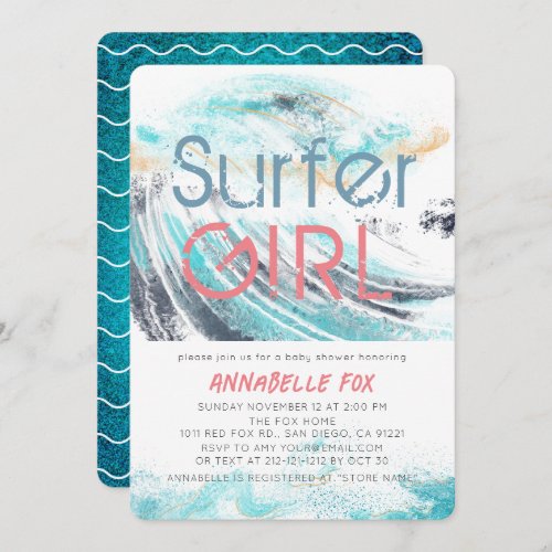 Surfer Girl Blue Wave Splash Surfing Baby Shower Invitation