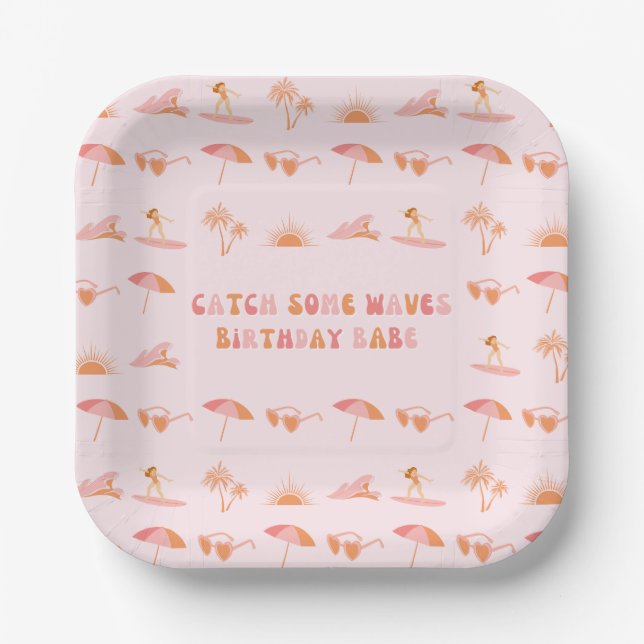 Surfer Girl Colorful Birthday Paper Party Plate (Front)