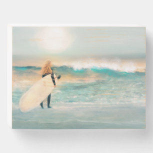 Surfer Girl Ocean Waves Rustic Art Wooden Box Sign