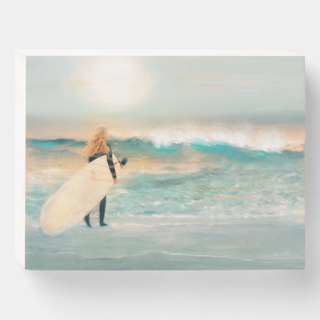 Surfer Girl Ocean Waves Rustic Art Wooden Box Sign (Front Horizontal)