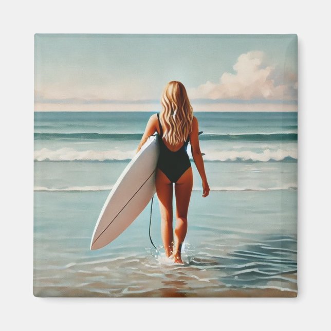 Surfer Girl on the beach Magnet (Front)