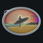 Surfer Girl Oval Belt Buckle<br><div class="desc">designer one of a kind surfer belt buckle a great gift for the sport surfing lover in your life or treat yourself to our one of a kind neon digitally enhanced beach and surfer girl with surfboard</div>
