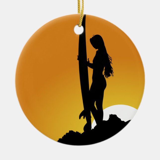 Surfer girl Silhouette Ceramic Ornament (Front)