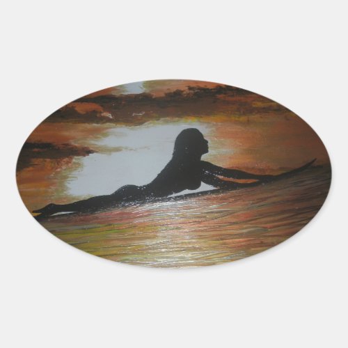 Surfer girl silhouette oval sticker