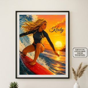 Surfer Girl Sunset Custom Name Kirsty Poster