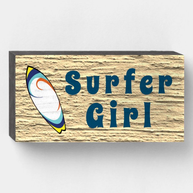 "Surfer Girl Surfboard" Sandy Beach Wood Box Sign (Front Horizontal)