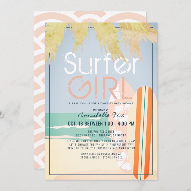 Surfer Girl Surfboards Beach Drive-by Baby Shower Invitation (Front/Back)