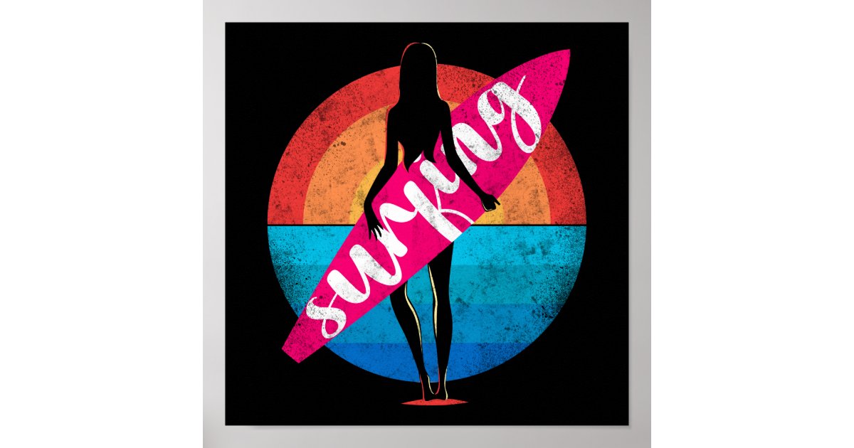 Surfer Girl Surfing Sunset Surfboard Poster Zazzle 2874