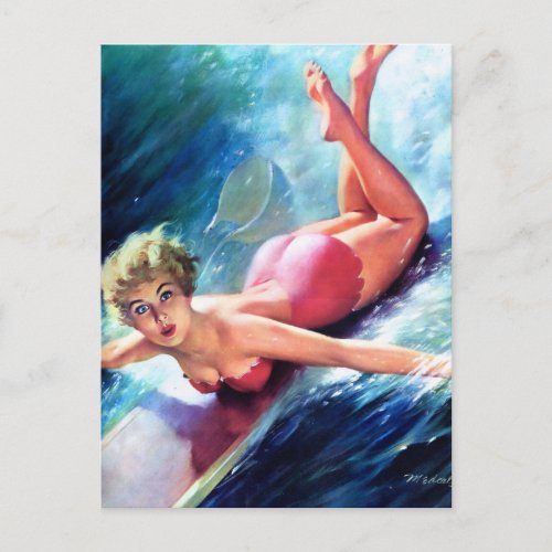 Surfer girl Vintage Pin up  postcard