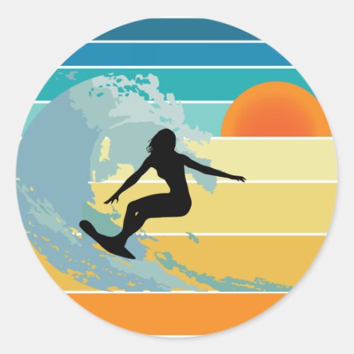 Surfer Girl Vintage Sunset Classic Round Sticker