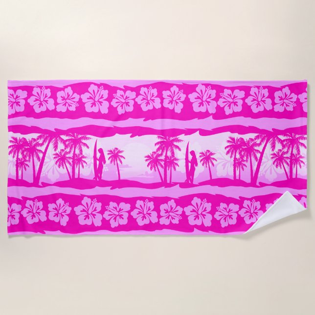 Surfer girl with palm trees beach towel (Front)