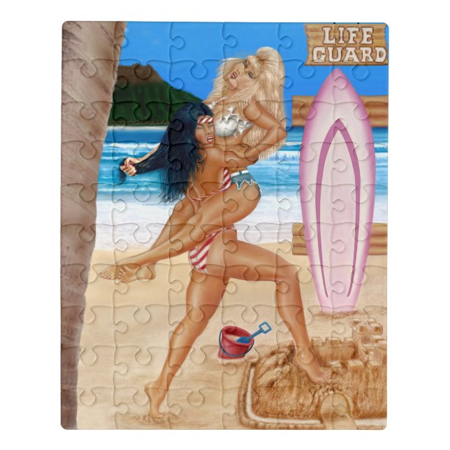 SURFER GIRLS CATFIGHT JIGSAW PUZZLE (Puzzle Vertical)