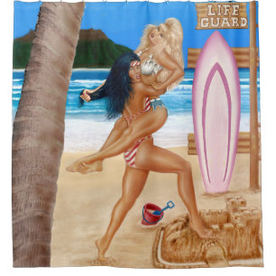 SURFER GIRLS CATFIGHT SHOWER CURTAIN