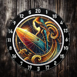 Surfer Glow with Golden Sunset Design Dart Board<br><div class="desc">The "Surfer Glow with Golden Sunset Design" brings the vibrant energy of surfing and the beauty of a glowing sunset to life. This artwork features a close-up of a surfer holding their surfboard, bathed in golden light, with a glowing sunset backdrop. The neon-inspired colors and dynamic composition bring the scene...</div>