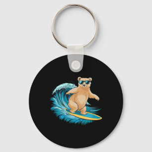 Surfer Grizzly Bear Beach Summer Surfboard Surfing Keychain