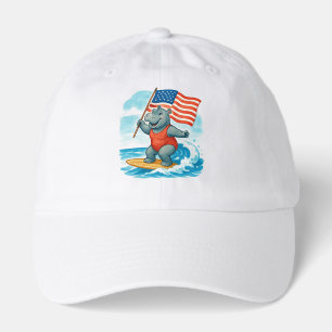Surfer Hippo Surfing 4th July Independence Day Hat