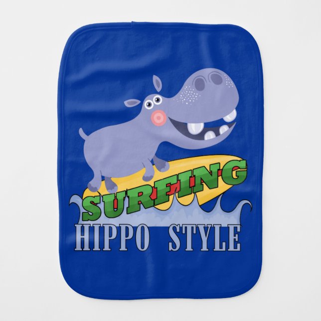 Surfer Hippopotamus Baby Burp Cloth (Front)
