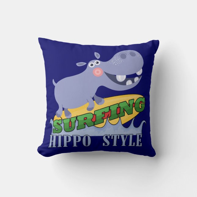 Surfer Hippopotamus Throw Pillow (Front)