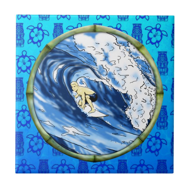 Surfer In Bamboo Circle Ceramic Tile (Front)
