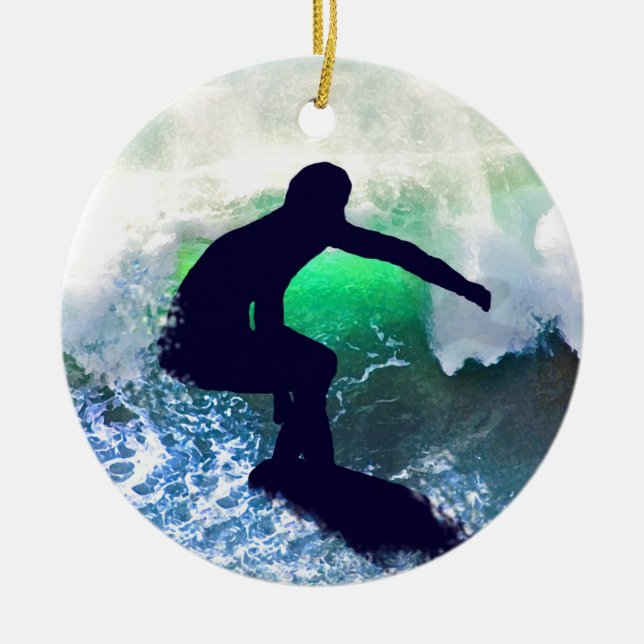 Surfer in Big Wave Ceramic Ornament (Front)
