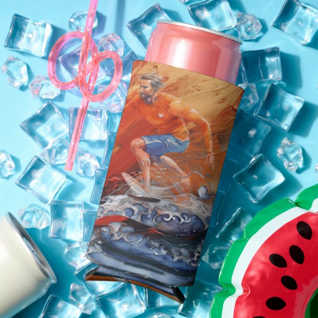 Surfer in Orange and Blue Abstract Seltzer Can Cooler (In Situ Summer)