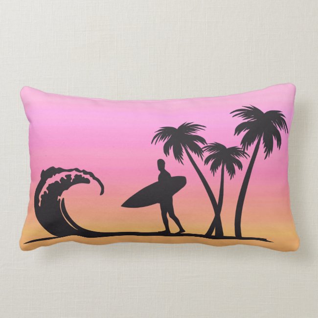 Surfer in Silhouette Pink Sunset Lumbar Pillow