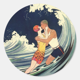 Surfer Lovers Kissing Vintage Illustration Classic Round Sticker