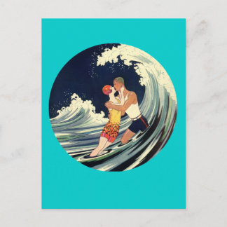 Surfer Lovers Kissing Vintage Illustration Postcard