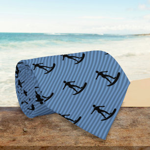 Surfer Motif - Guy on Surfboard on Blue Striped Neck Tie