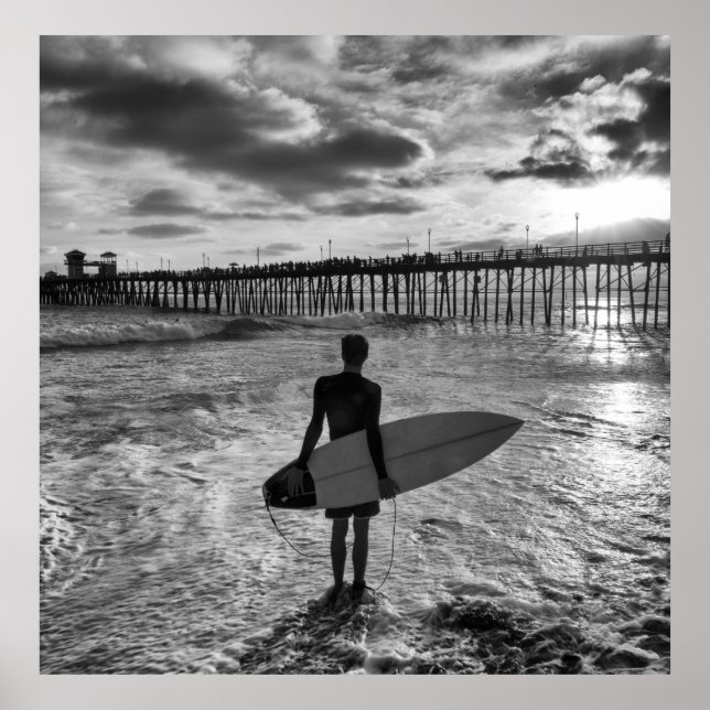 Surfer near Oceanside Pier Poster (Front)