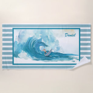 Surfer on a Big Wave   Personalized Beach Towel