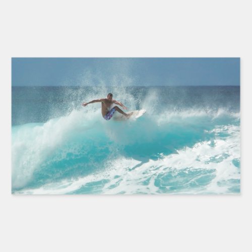 Surfer on a big wave rectangle sticker