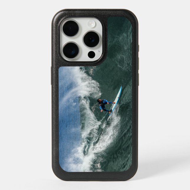 Surfer on Blue and White Surfboard iPhone 15 Pro Case (Back)
