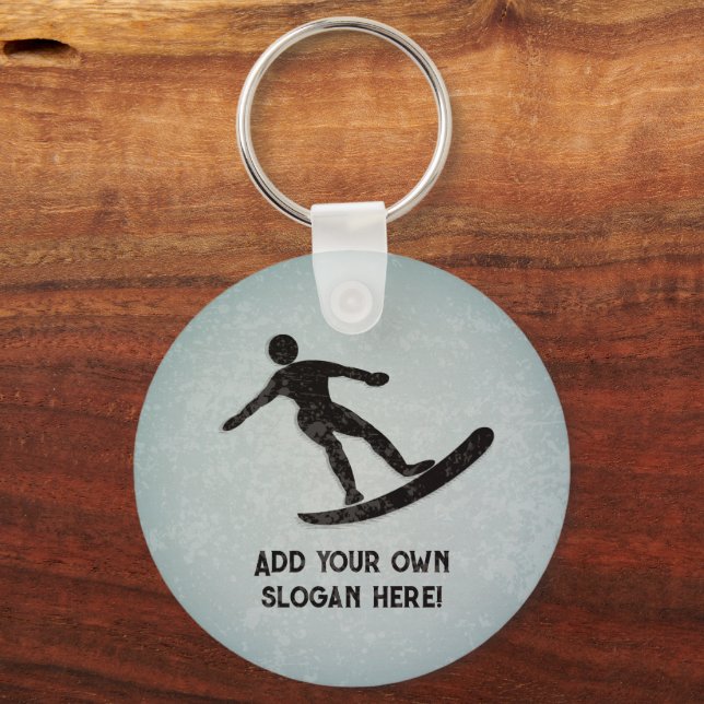 Surfer on Board, Distressed Metal Look, your text Keychain (Front)