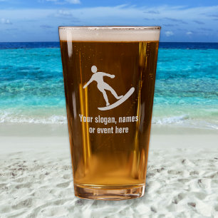 Surfer on board motif plus your own slogan or name pint glass