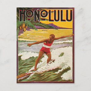 Surfer on Honolulu tropic beach, vintage travel Postcard